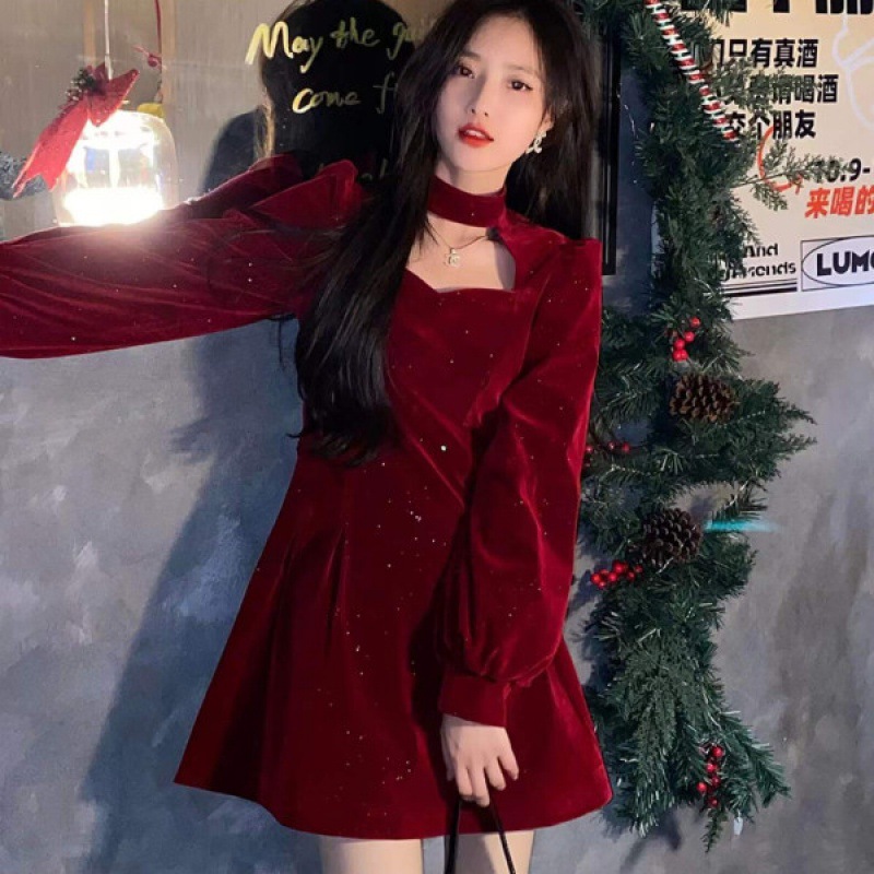Women'S Red Formal Wear - Gaun beludru berkilau halus untuk wanita,